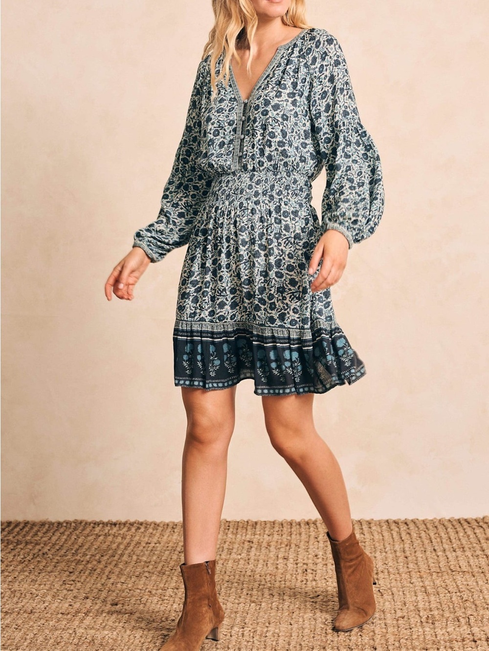 Faherty Montana Western Mini Dress Navy Button Front ECOVERO Medium